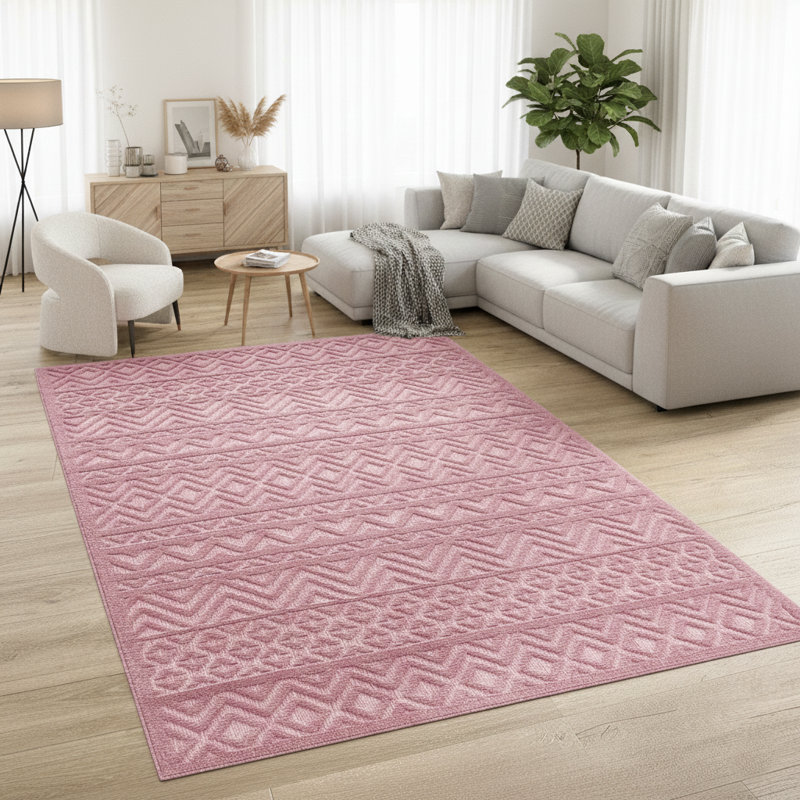 Tapis intérieur / extérieur rose en polypropylène tissé à la machine Javy, Rectangle 2 pi 8 po x 5 pi
