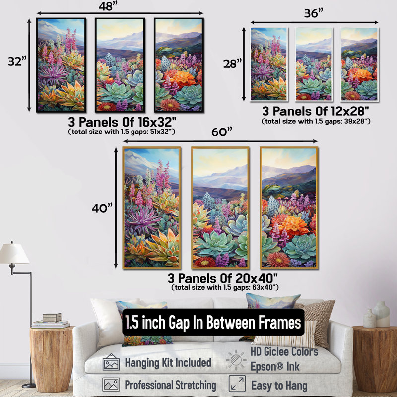 «Green Succulent Desert Charm I», ensemble d'art mural sur toile, Cadre flottant doré, H 32 po x l 48 po x P 1 po