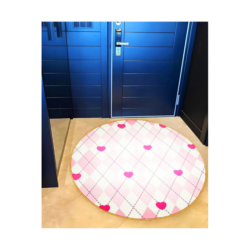Pink Tile Patterned Heart Detailed Woven Base Decorative Carpet, Round 5'