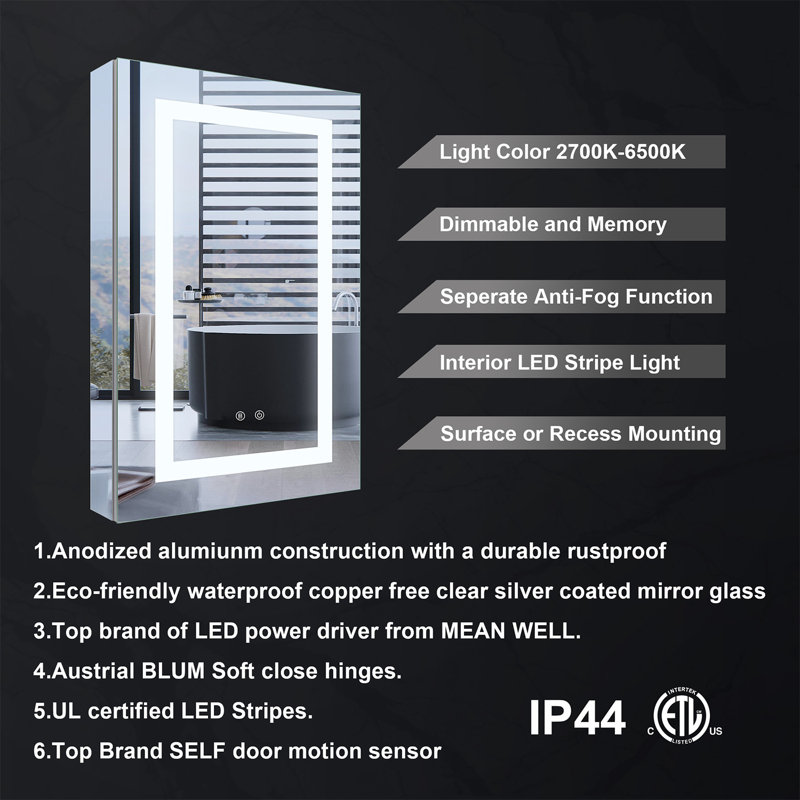 30" H Recessed or Surface LED Mirror Cabinet With Defogger And Adjustable Shelves, 30"H x 20"W x 4.63"D, Left