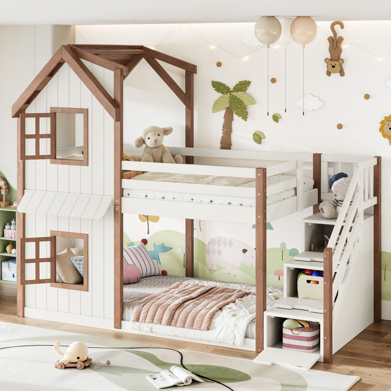 Lit superposé simple au dessus d'un lit simple avec escalier de rangement, lit maisonnette pour enfants avec toit et fenêtres, structure en bois massif, beige et naturel