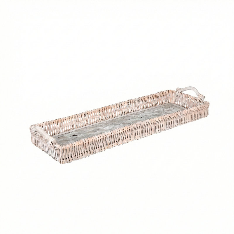 Extra-Long Handwoven Willow Centerpiece Tray with Color-Matched Wood Base & Handles, 37.8", White Wash