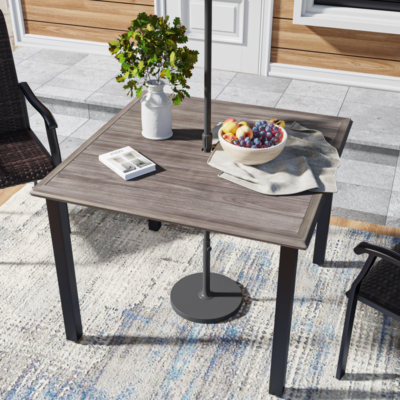 Hesson Square Metal Outdoor Dining Table With Umbrella Hole , 37.8'' in. W 37.8'' in. D, Light Gray
