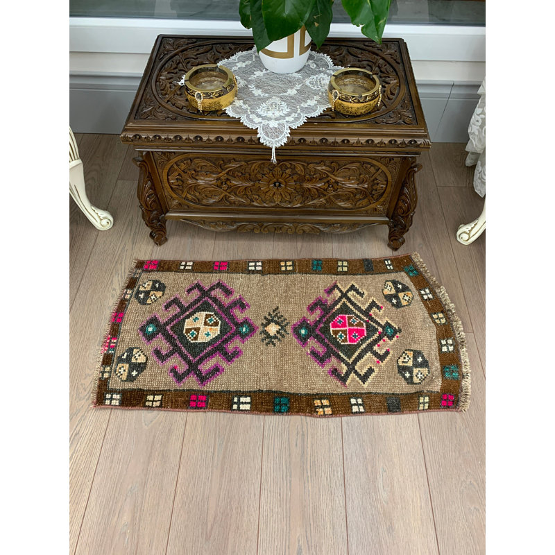19.7x39.4 Inch Wool Rug, Rustic Brown Patchwork Rug