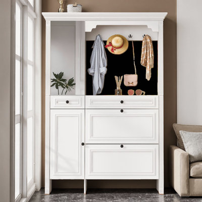 Arbre d'entrée 54,7 po blanc - armoire à chaussures, miroir, crochets à manteau, tiroirs rabattables, unité d'entrée 4-en-1