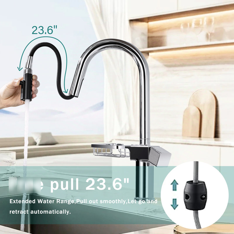 Robinet de cuisine en acier inoxydable à un trou à finition arquée à un trou avec fonction double, pivotant sur 360 ° et rangement pour couverts en acier