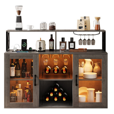 Wine Bar Cabinet with Wine Rack and Glass Holder, Freestanding Liquor Storage Sideboard with LED Lights by Orren Ellis