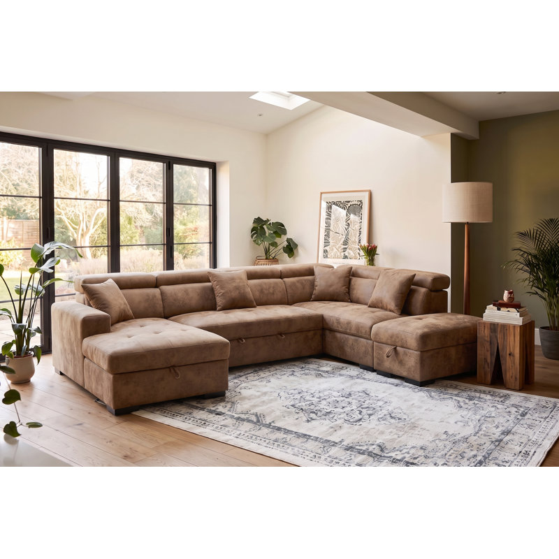 5 Seater Sofa Bed, Right Hand Facing, Brown Microfiber / Microsuede