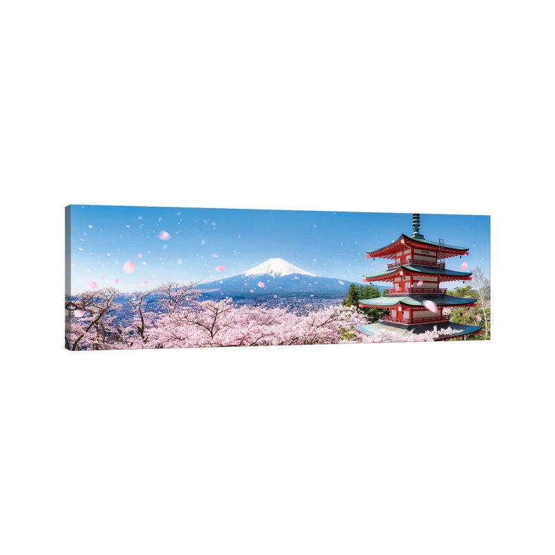 Chureito Pagoda and Mount Fuji During Cherry Blossom Season 1 Piece Wrapped Canvas Panoramic Wall Art