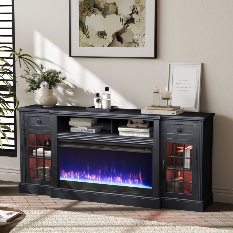 Farmhouse  Fireplace Tv Stand  For Tvs Up To 80" With 36" Electric Fireplace, Large Highboy Entertainment Center With Led Lights, Glass Door Cabinet & Storage Drawer