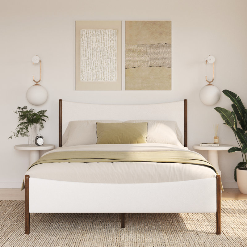Rowtag Agapita Upholstered Boucle Solid Wood Platform Bed, Walnut, Queen