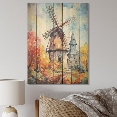 Fauvist Windmill Meadows III - Wind Turbines On Wood Print