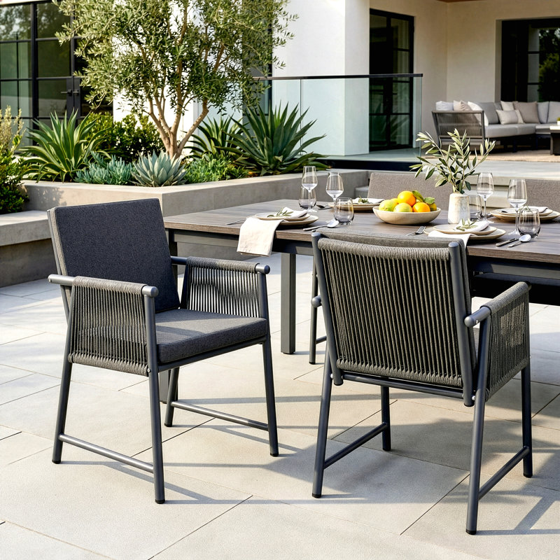 Set of 2 Bianca Grey Outdoor Dining Chair with Hand-Woven Synthetic Rattan Arms, Gray, Gray