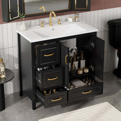 Meuble-lavabo de 36 pouces avec lavabo, une armoire avec portes à fermeture douce, 4 tiroirs à fermeture douce et poignées en métal