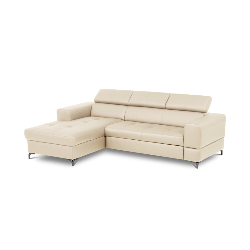 Tinos Genuine Leather Corner Sofa with Pull Out Bed with Storage and Adjustable Headrests, Beige, Left Hand Facing