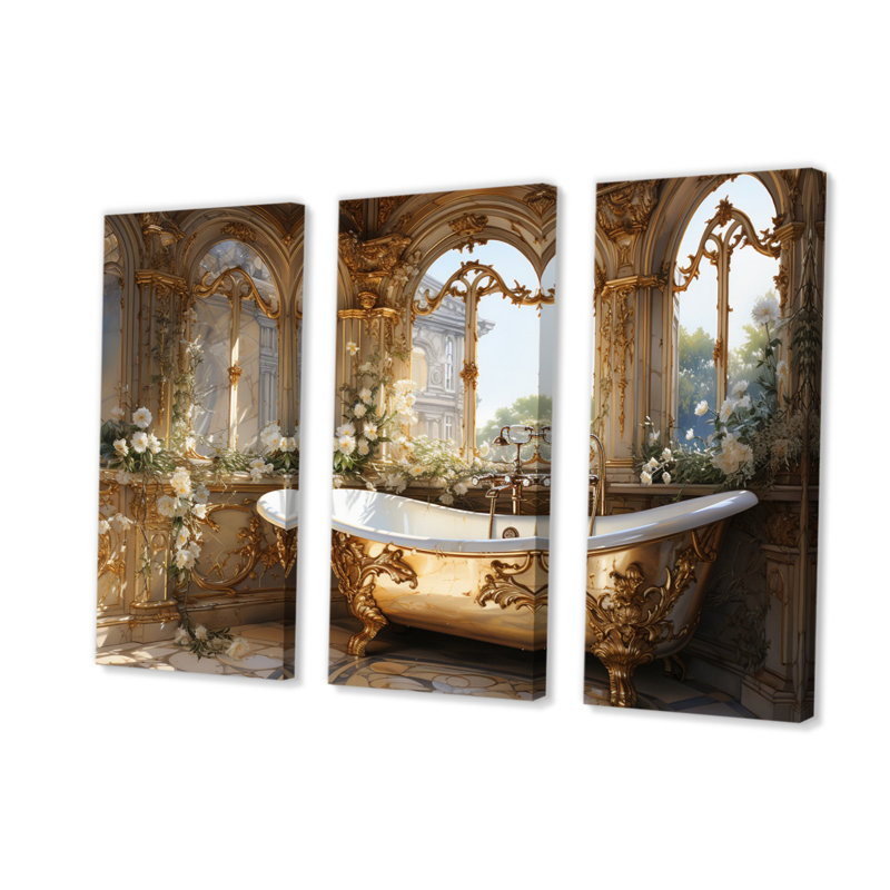 «Bathroom Golden Luxe III», reproduction sur toile 3 pièces, H 32 po x l 48 po x P 1 po