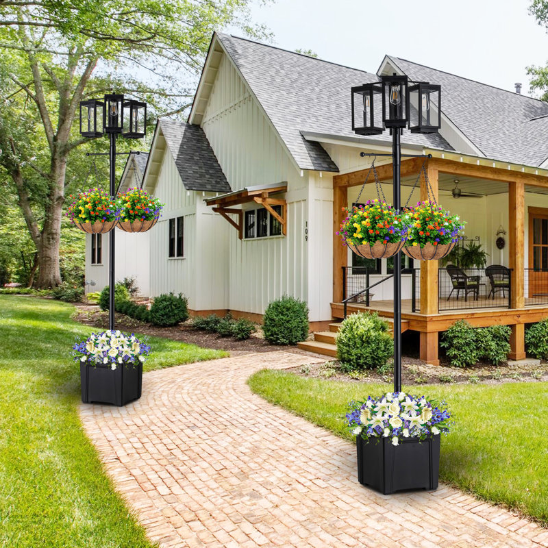 3-light 77.5in Black Complete Post Light With Planter And Clear
