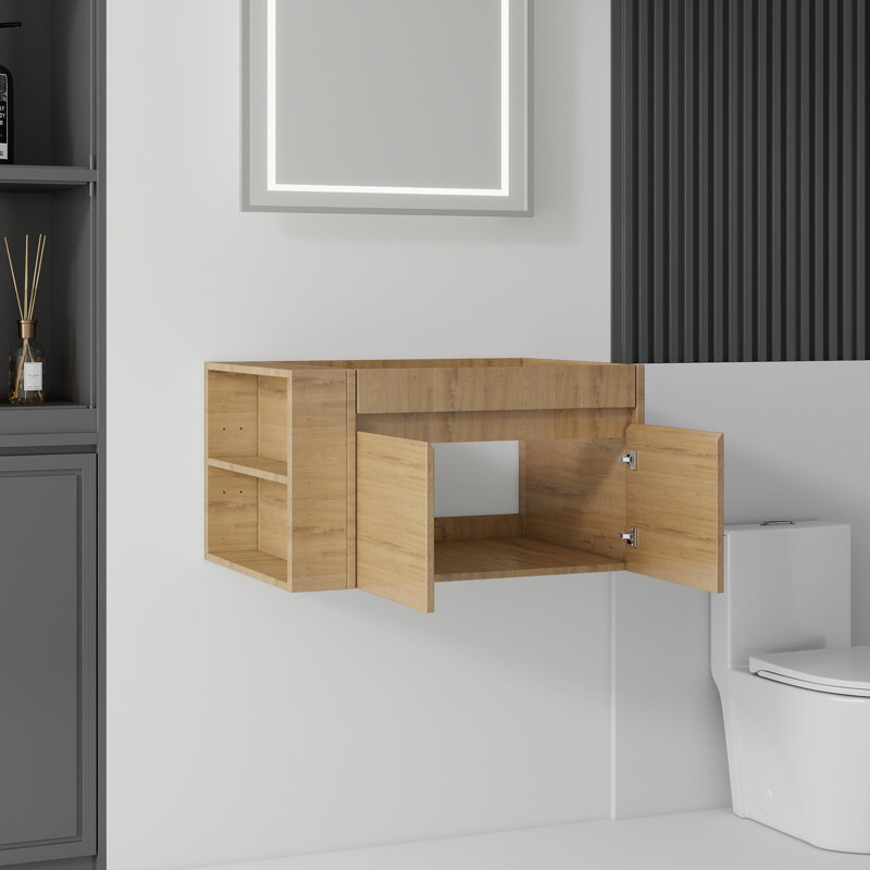 Meuble-lavabo mural en contreplaqué fini chêne 30 po avec rangement à double porte et tablette latérale ouverte, meuble seulement