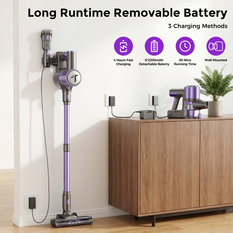 Aspirateur-balai sans fil 300 W, moteur sans brosse 50 kPa, autonomie de 50 minutes, pour tapis, planchers durs et poils d'animaux
