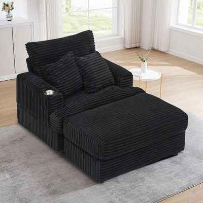 39" Wide Corduroy Upholstered Chaise Lounge Chair Accent Chair with Cup Holder for Living Room, Bedroom, Office