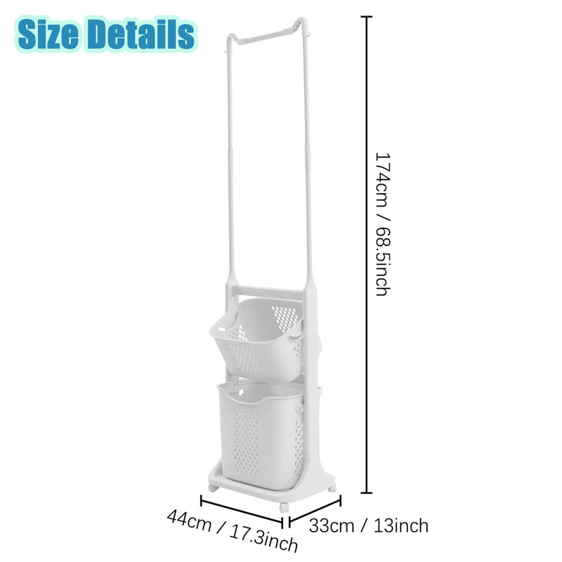 2 Tier Laundry Basket With Hanging Bar, Vertical Laundry Sorter With Wheels & Hooks, Stackable Laundry Baskets