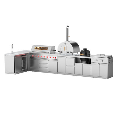 Ensemble d'îlot de cuisine extérieur modulaire en forme de L 7 pièces Vestivium - Barbecue au gaz à 6 brûleurs V611 avec brûleur latéral et infrarouge arrière, Combo de rangement pour réfrigérateur, Armoire divisée avec tiroirs, Four à pizza de comptoir et Module de barbecue Kamado 18 po