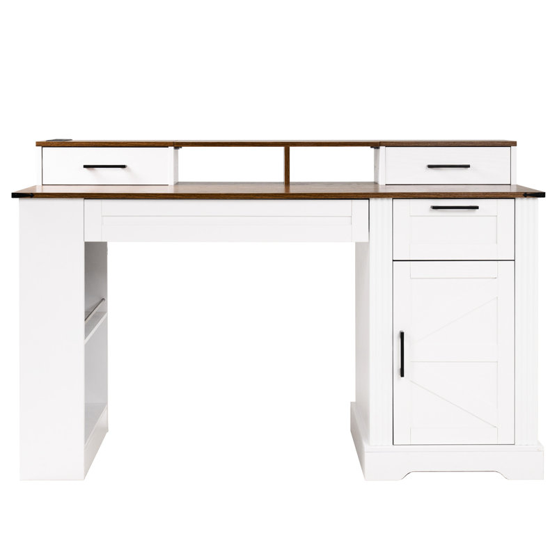 Bureau blanc de 55 po avec station de charge, plateau à clavier et glissières de tiroir pour un espace de travail bien rangé
