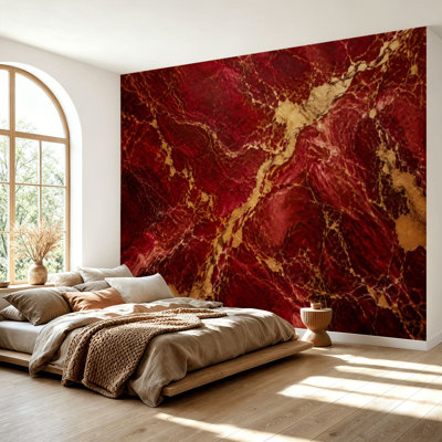Wall Mural Peel and Stick Wallpaper Modern red golden maroon Gold marble Golden veins Self-Adhesive Removable Contact Paper Wall Decor for Living Room Bedroom 69"H x 96"W