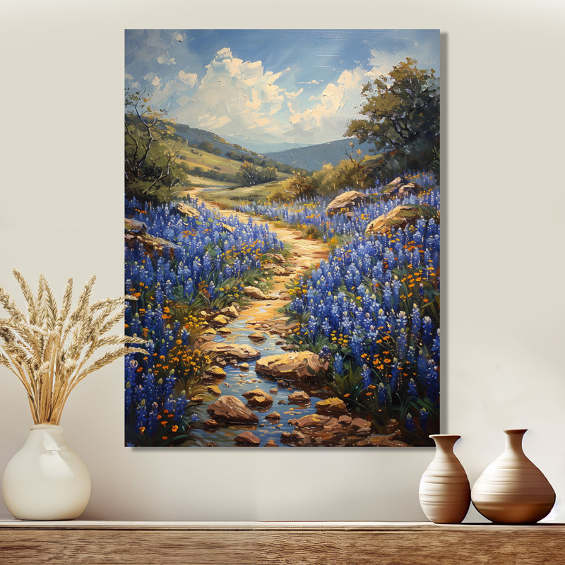 «Blue Bonnets Blue Tranquility Field I» - impression d'art mural bleu, Toile tendue, H 34 po x l 44 po x P 1,5 po