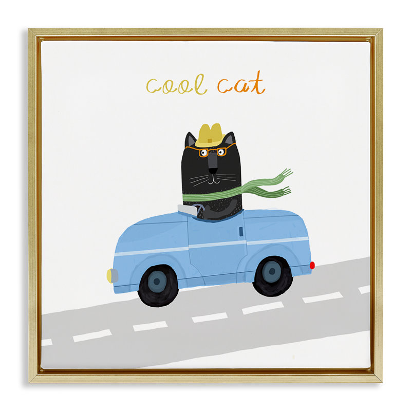 «Cool Cat in Car», encadrée par Carla Daly, H 25 po x l 25 po, Cadre flottant métallique doré