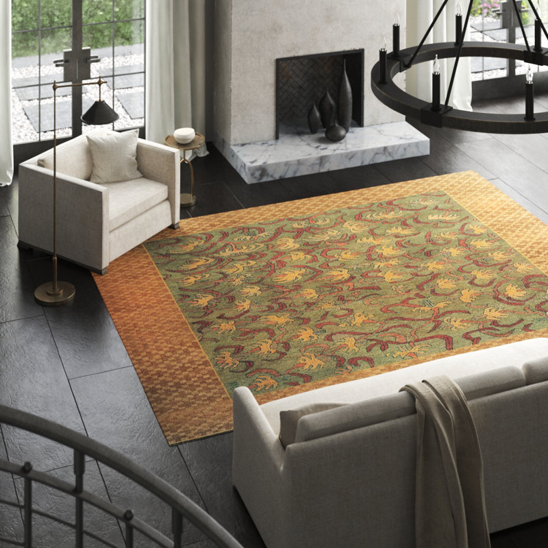 Samarkand Wool Floral Area Rug in Brown/Green, Rectangle 9' x 12'