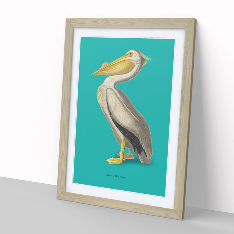 American Pelican in Teal by John Audubon - Picture Frame Painting, 90cm H x 65cm W x 2cm D, Oak