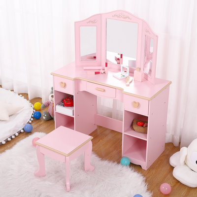Ensemble coiffeuse et chaise pour filles – Coiffeuse pour enfants avec ensemble de maquillage en bois, ensemble coiffeuse avec miroir et tiroir pour les enfants de 4 à 9 ans, rose (STM-102PA)