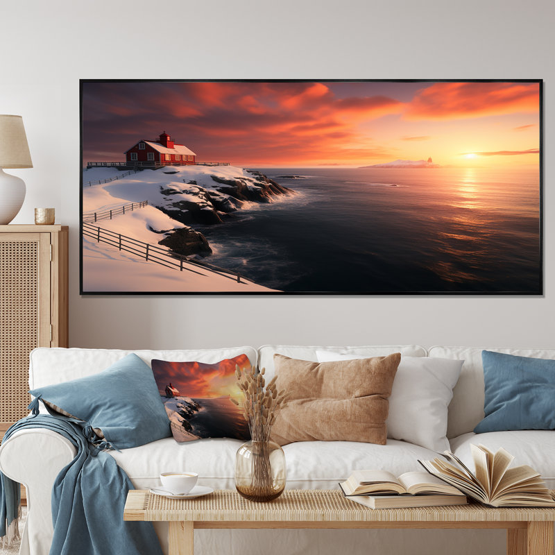 Garde côtière de phare en Alaska III - art mural de phare de plage, Cadre flottant noir, H 28 po x l 60 po x P 1,5 po