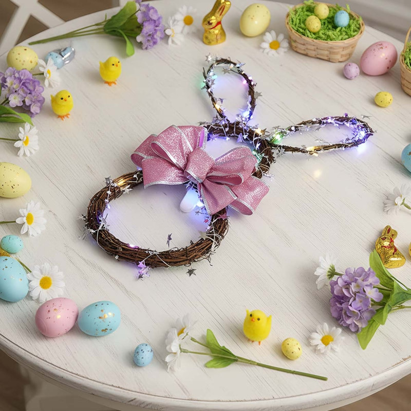 Couronne de printemps de lapin de Pâques avec lumières DEL Couronne de porte de lapin de Pâques avec œufs suspendus Couronnes de lapin pour la porte d'entrée Crochet de porte de Pâques pour la décoration murale d'extérieur