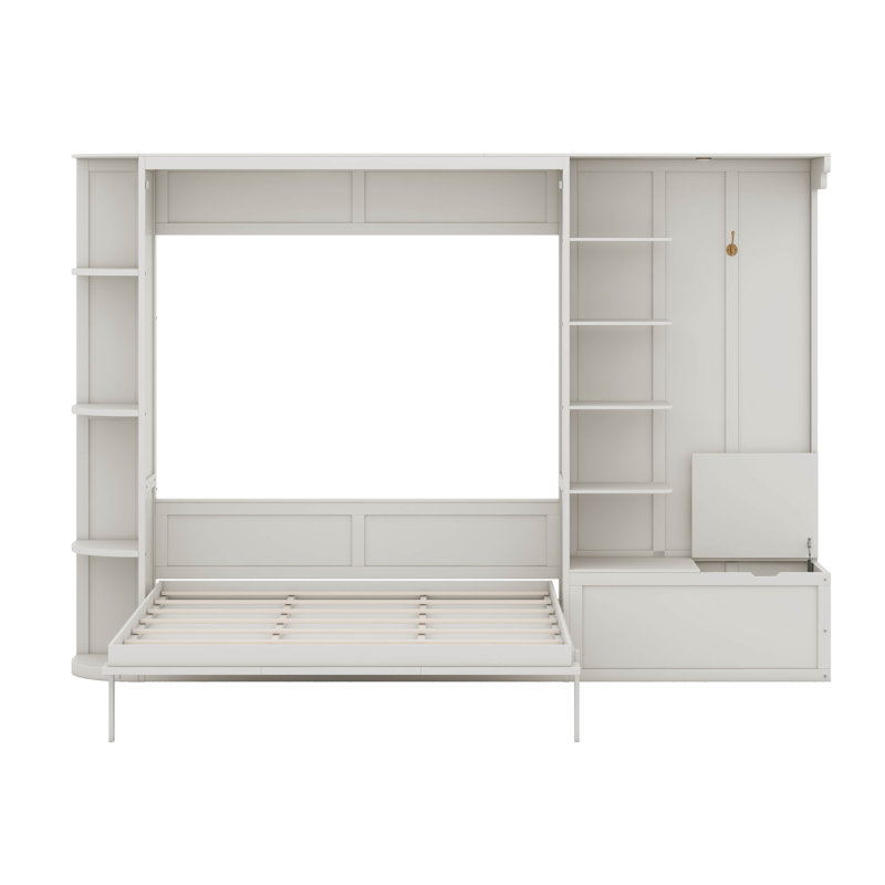 Lit escamotable avec rangement et lumières DEL, cadre mural escamotable peu encombrant avec tablettes et armoire, White