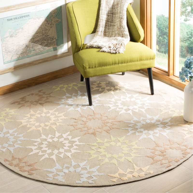 Block Quilt Martha Stewart Hand Hooked Cotton Pile Geometric Rug, Round 4'