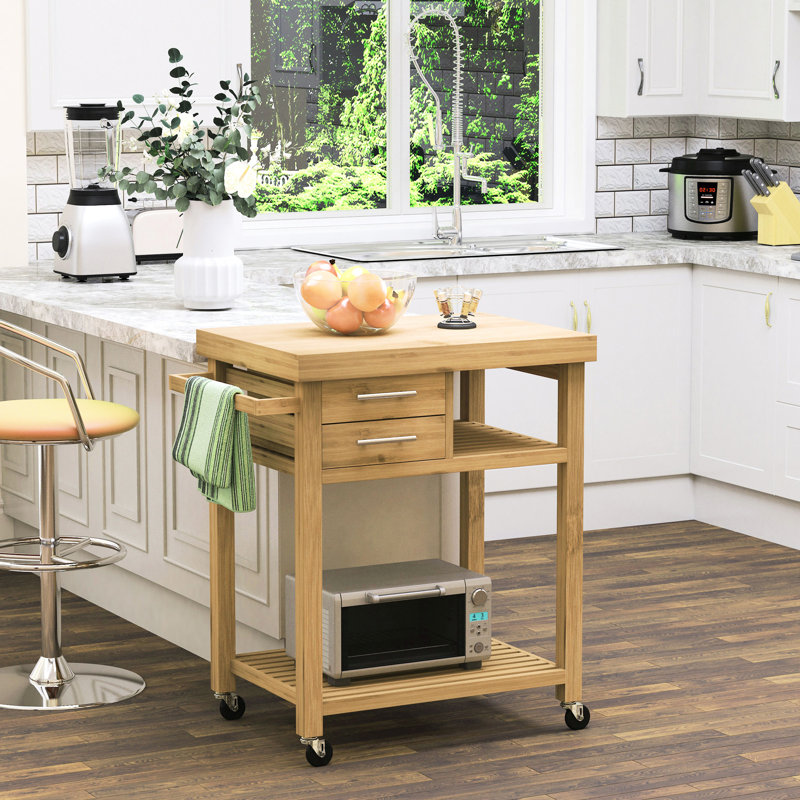 Îlot de cuisine avec 2 tiroirs et tablettes - Conception compacte pour chariot de rangement à mobilité variable, cuisine, buanderie, garage avec options