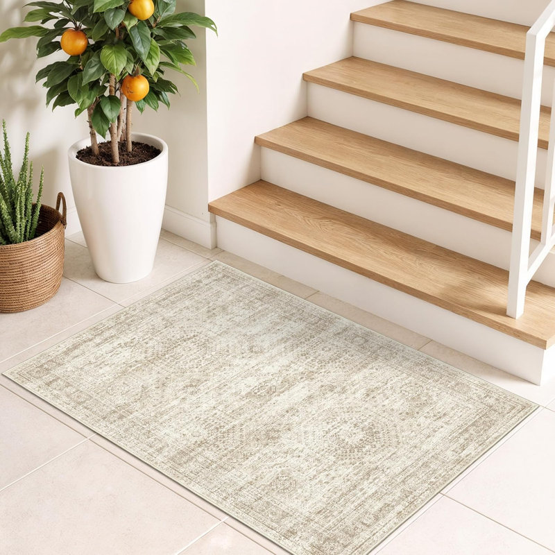 Vintage Distressed Non Slip Washable Area Rug(Beige), Rectangle 2' x 3'