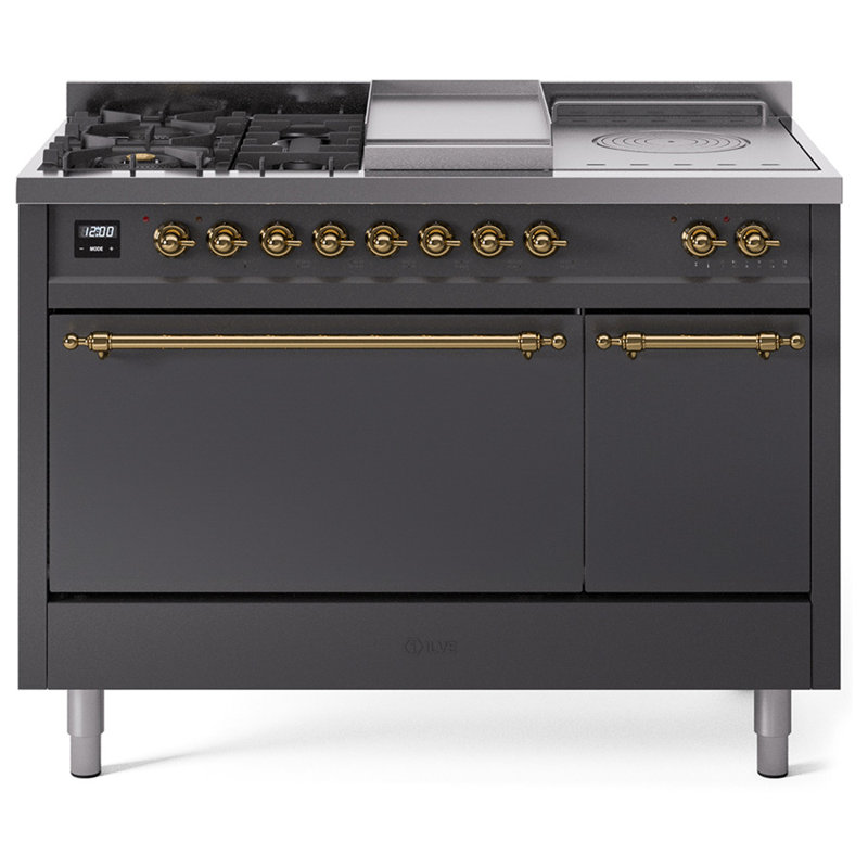 ILVE Nostalgie II 48 in Dual Fuel Range, 5 Burner, Griddle, Frenchtop, Natural Gas, Graphite Matte/Brass