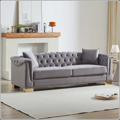 84" Classic Velvet Chesterfield 3-Seater Sofa with Gold Nailhead Decor