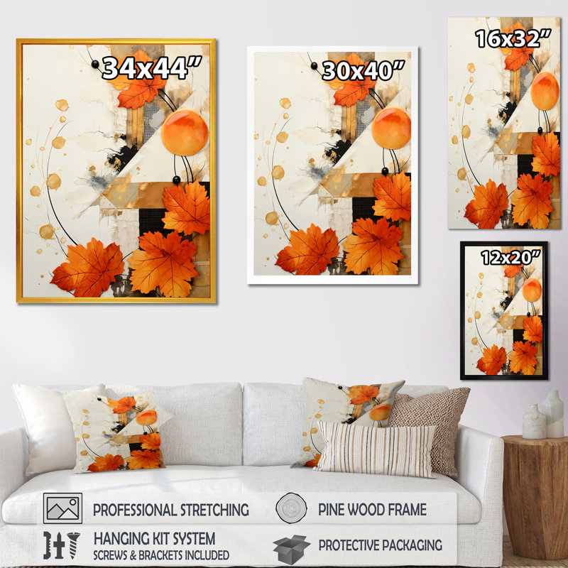 «Orange Floral Twilight Dream Abstract Collages I», art mural abstrait, Cadre simple noir, H 44 po x l 34 po x P 1,5 po