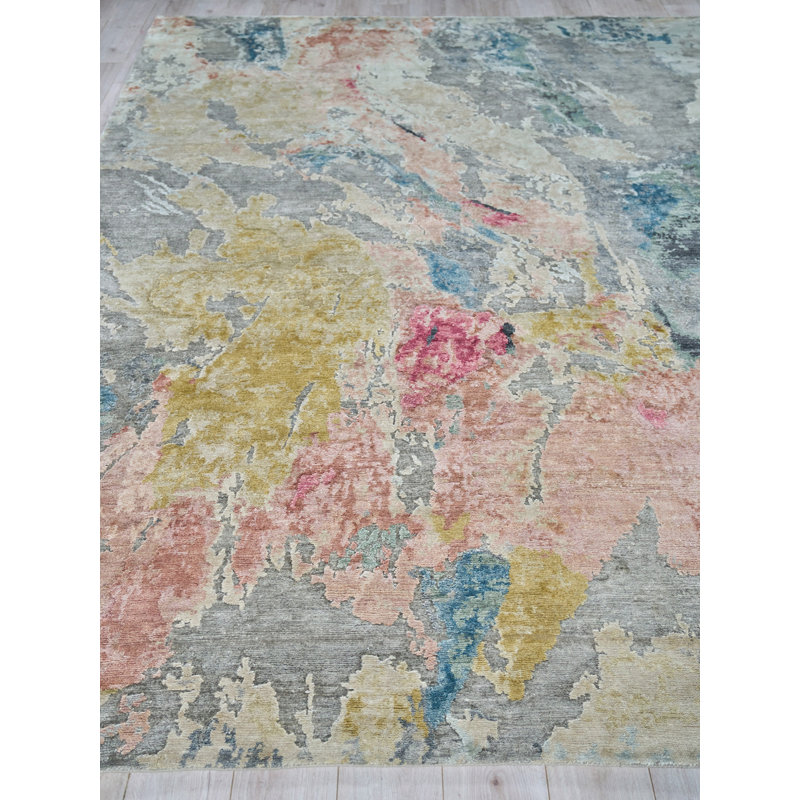 Rectangle Floor Art Abstract Hand-Knotted Bamboo Slat/Seagrass Area Rug in Silver/Blush, Rectangle 9' x 12'