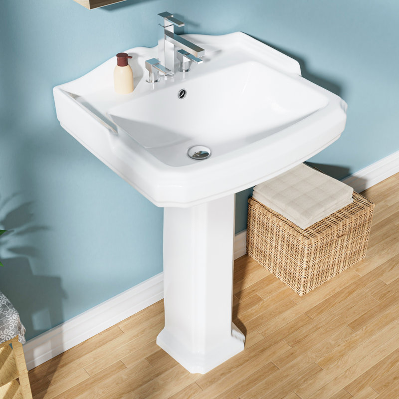23" W x 19" D Pedestal Sink Combo Vitreous China with Backsplash, 3 Faucet Holes & Overflow, White, Glossy White