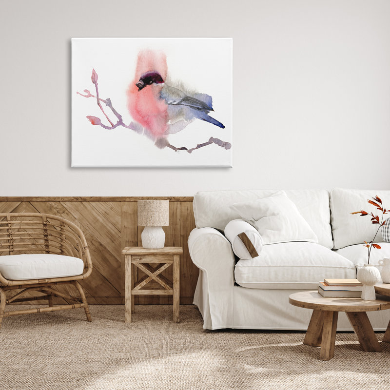 «Bullfinch on Empty Tree Branch Abstract Song Bird» par Verbrugge Watercolor, impression sur toile non encadrée, Toile tendue
