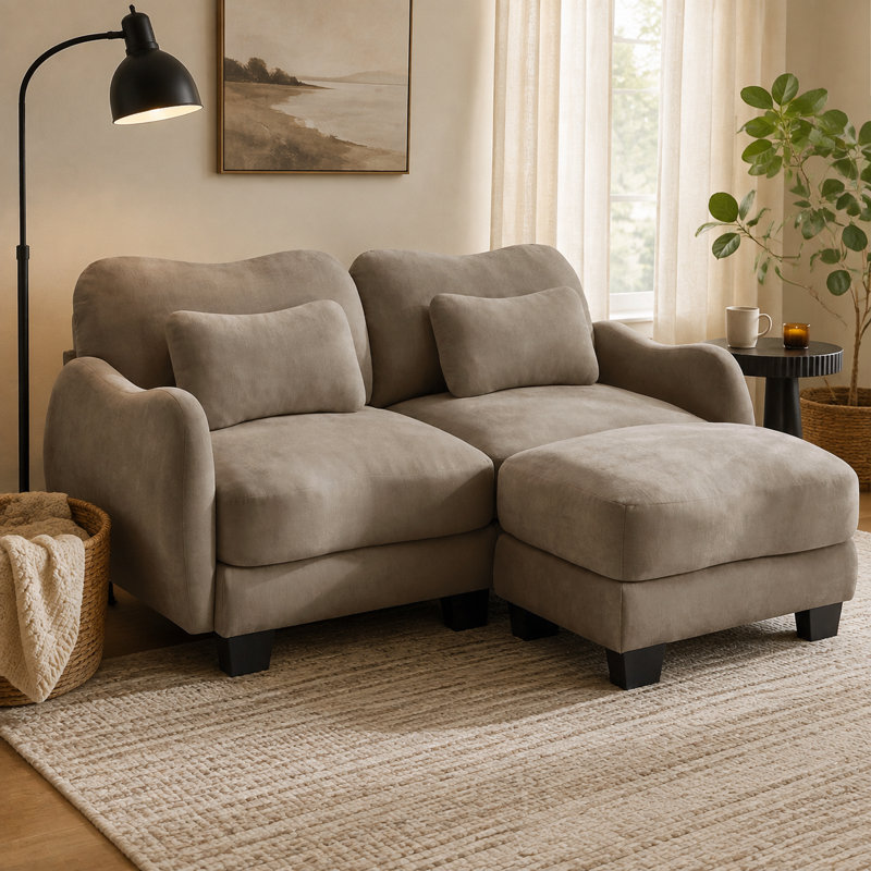 Canapé courbé Rosman avec repose-pieds, repose-pieds et coussins lombaires en chenille, Brun