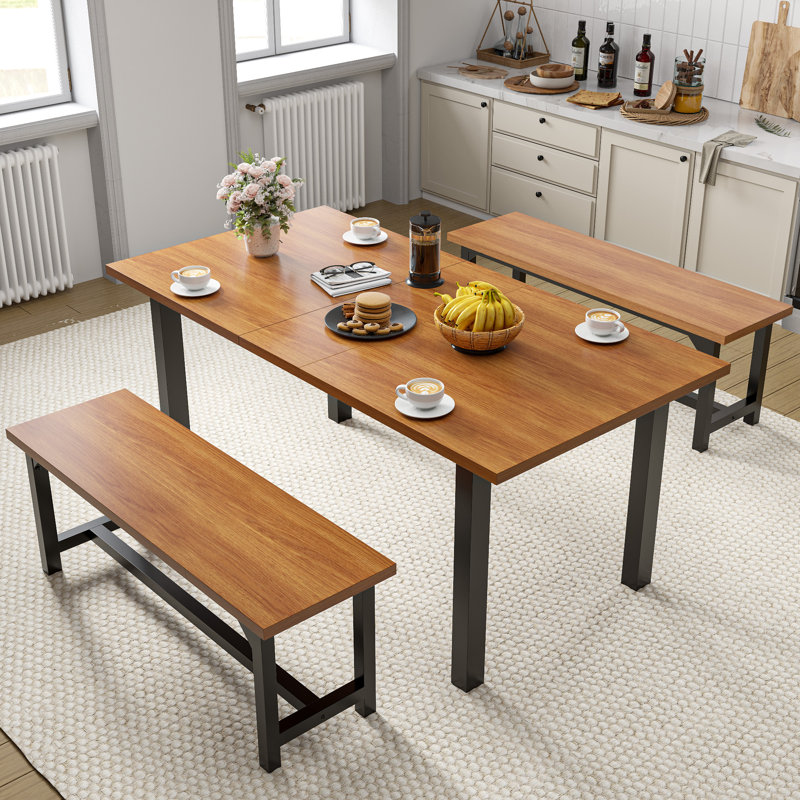 Areial 62" Extendable Rectangular Kitchen Table with 2 Benches., Brown, Brown/Black