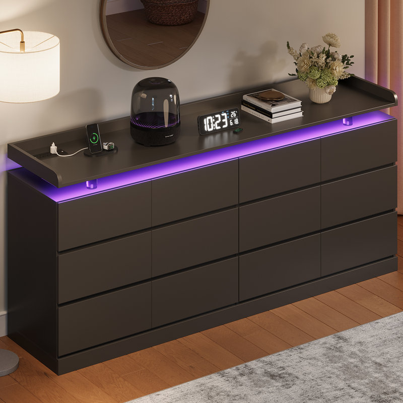 6-Drawer 63" W Modern Dresser With Built-In Power Outlet And LED Light For Bedroom, Living Room