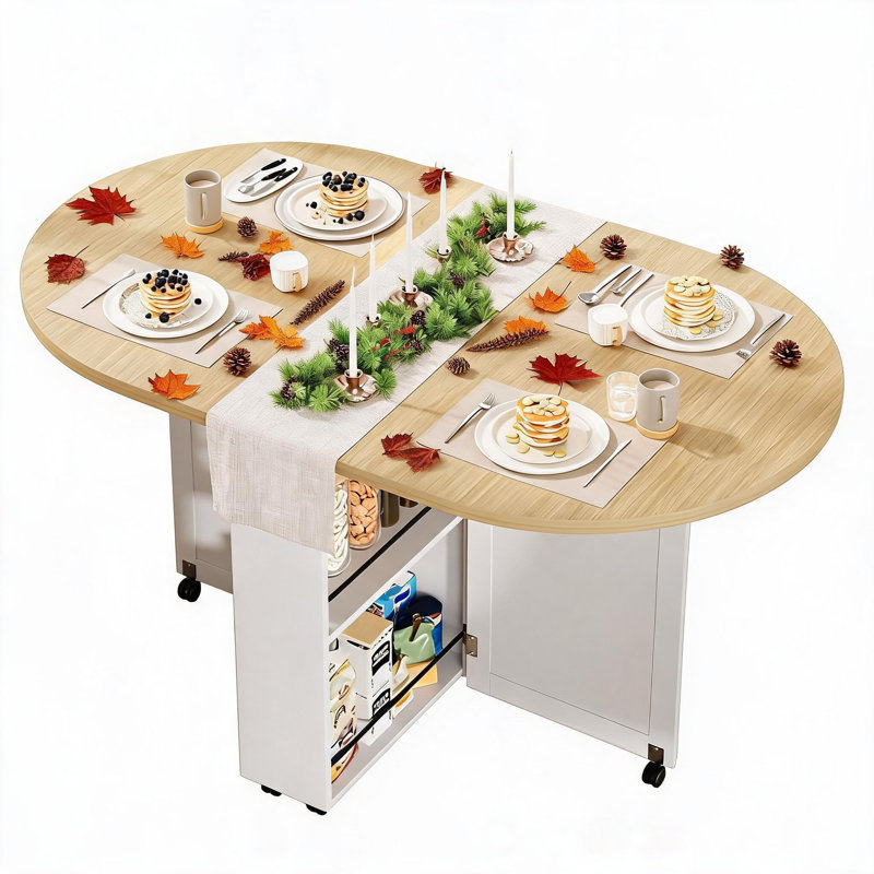 Table de salle à manger pliante 3 en 1 avec rangement - Table de cuisine ovale extensible de 51 pouces sur roulettes verrouillables - Casier à vin, tiroir et étagères - Gain de place pour les petits espaces.