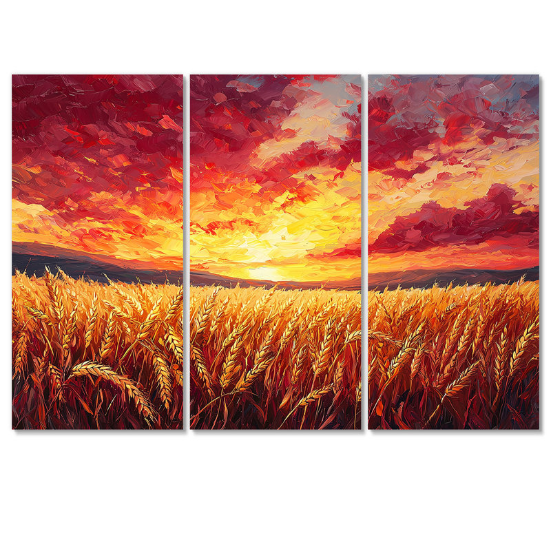 Coucher de soleil sur le champ de blé II - campagne, art mural, ensemble de 3, H 28 po x l 36 po, Toile tendue